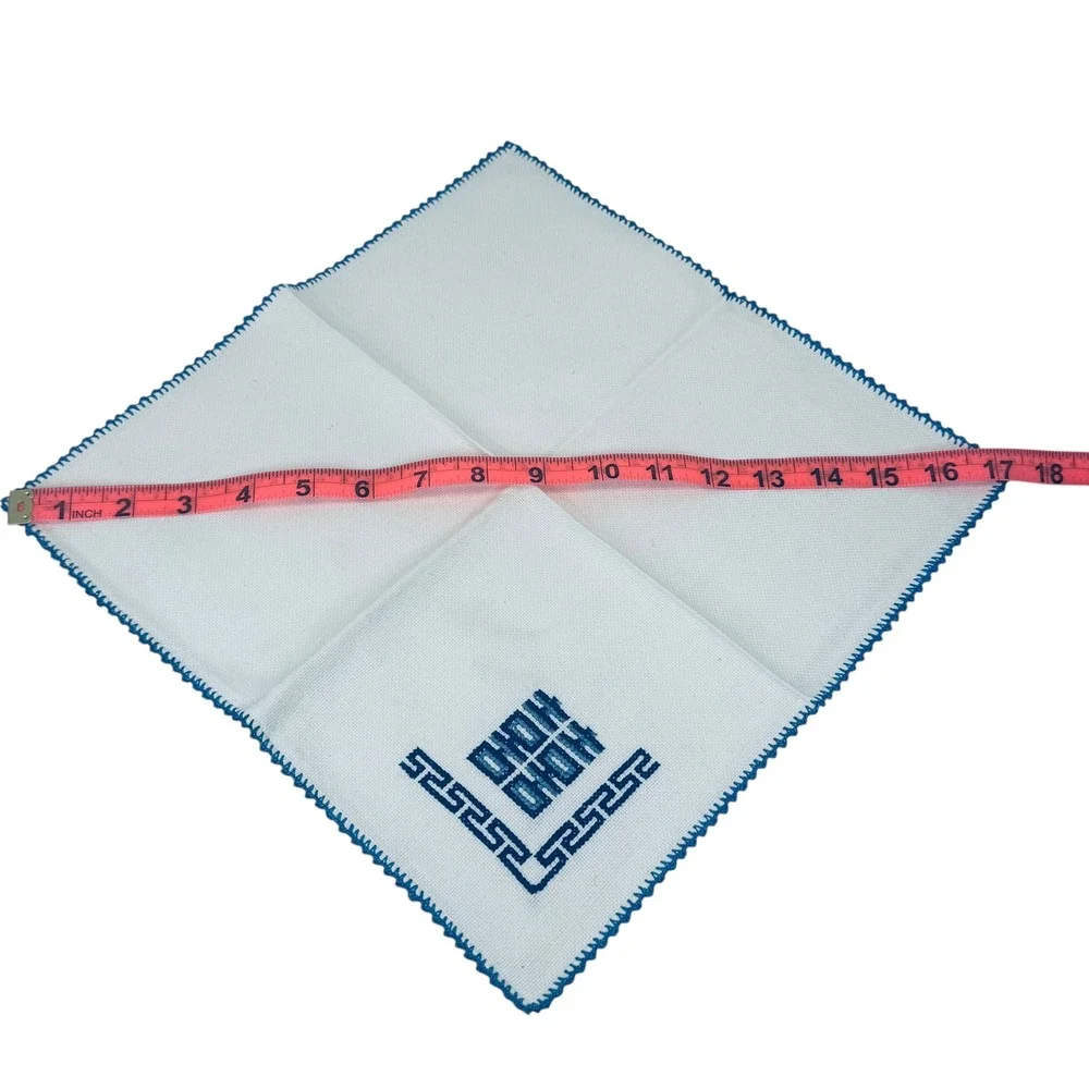 Set of 6 Blue Embroidered Greek Key‎ Linen Napkins Crochet Trim 18